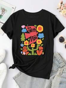 Go With The Flow A Playful Mid-Century Modern Nature-Inspired Design Featuring Colorful Retro Typography - bird bold colorful mid-century modern nature playful retro typography Vintage192 whimsical for women's women's t-women shirt - Negro - Ver 1