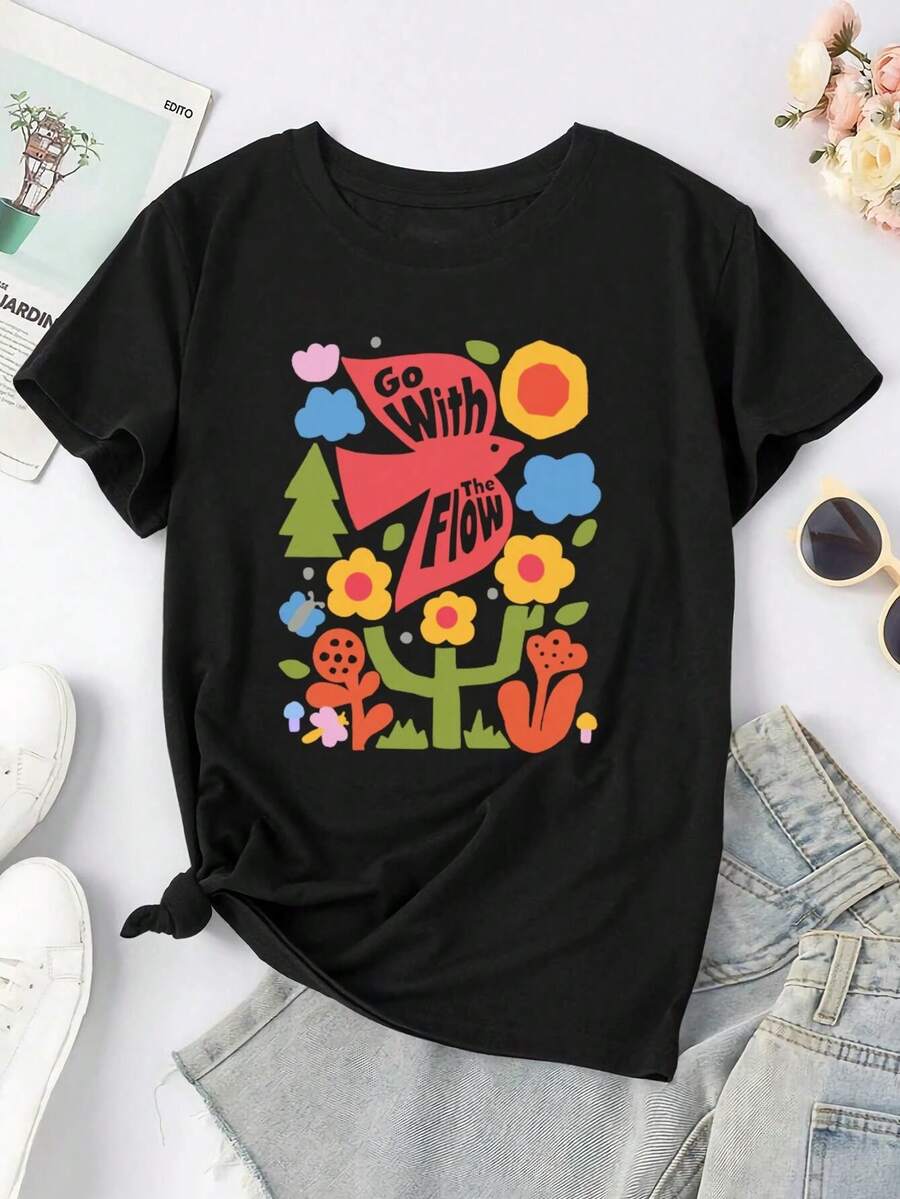 Go With The Flow A Playful Mid-Century Modern Nature-Inspired Design Featuring Colorful Retro Typography - bird bold colorful mid-century modern nature playful retro typography Vintage192 whimsical for women's women's t-women shirt - Negro - Ver 1