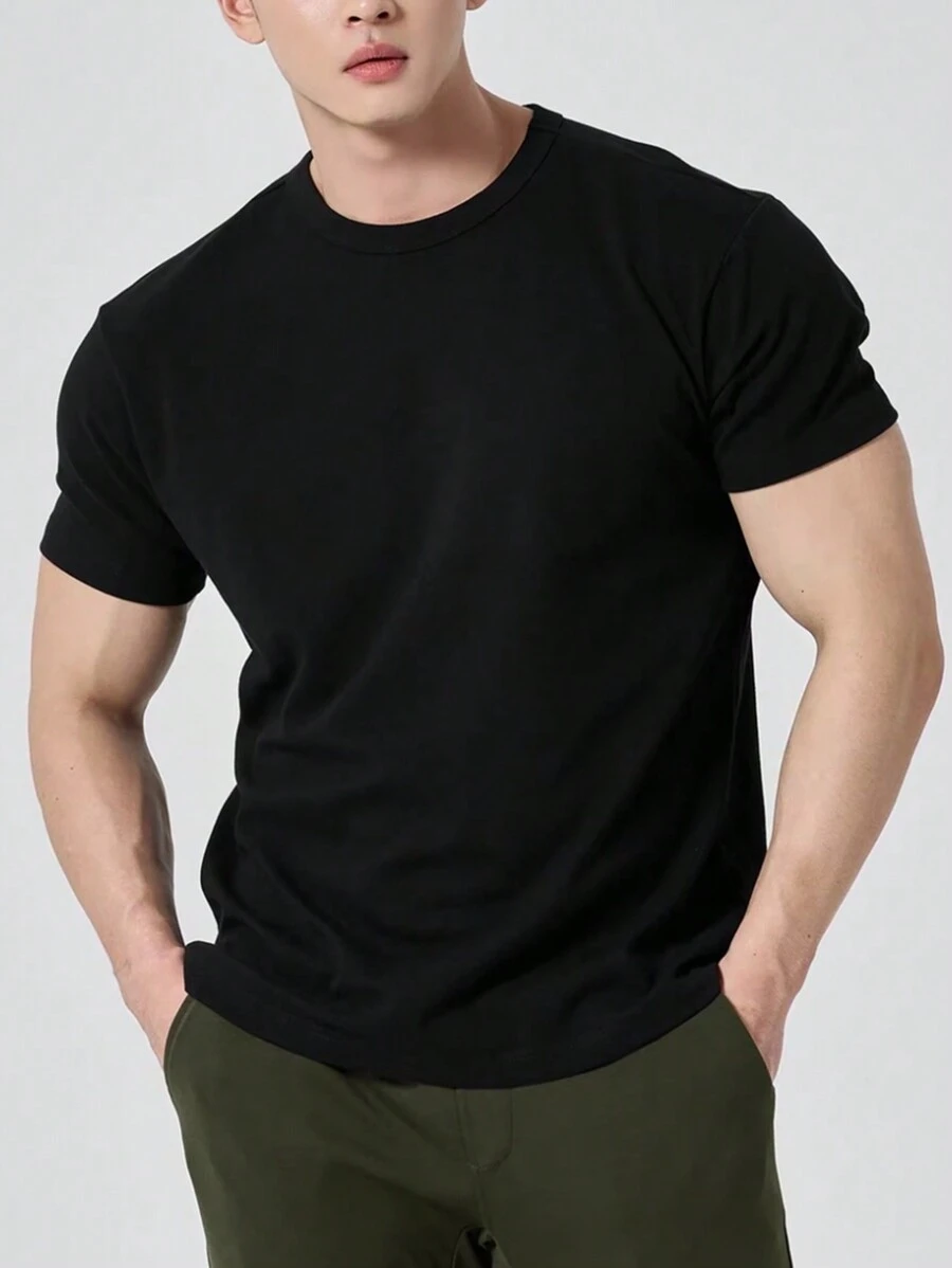Plain Basic Short Sleeve Cotton T-Shirts S-G3 - 黑色 - 查看 1