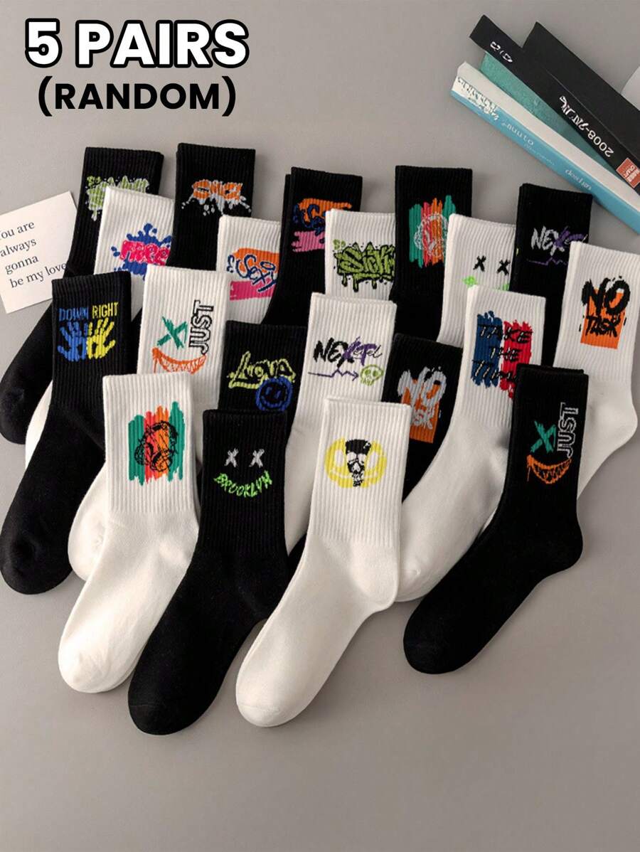 5 Pairs Of Random Men's Striped Cartoon Printing Pattern, Simple Street Fashion Retro Soft And Comfortable Casual Socks, Suitable For Home Leisure Or Outdoor Sports Wear - Black and White - View 1
