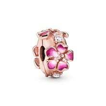 Talisman de plata de ley 925 chapado en oro rosa con diseño fijo de flor de ciruelo y animal de dibujos animados, adecuado para pulseras DIY, regalo de moda y elegante para el cumpleaños de la mujer