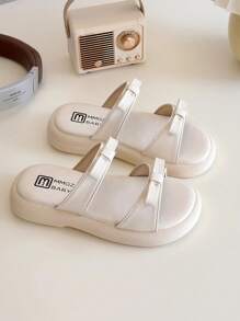 1 双女孩蝴蝶结简约时尚平底凉鞋，适合夏季 - 米色 - 查看 4