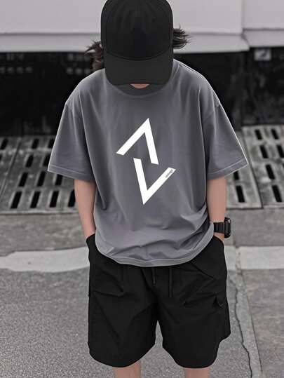 Tween Boy 2025 New Summer Casual Letter Print Dark Grey Round Neck Short Sleeve T-Shirt, 1 Piece