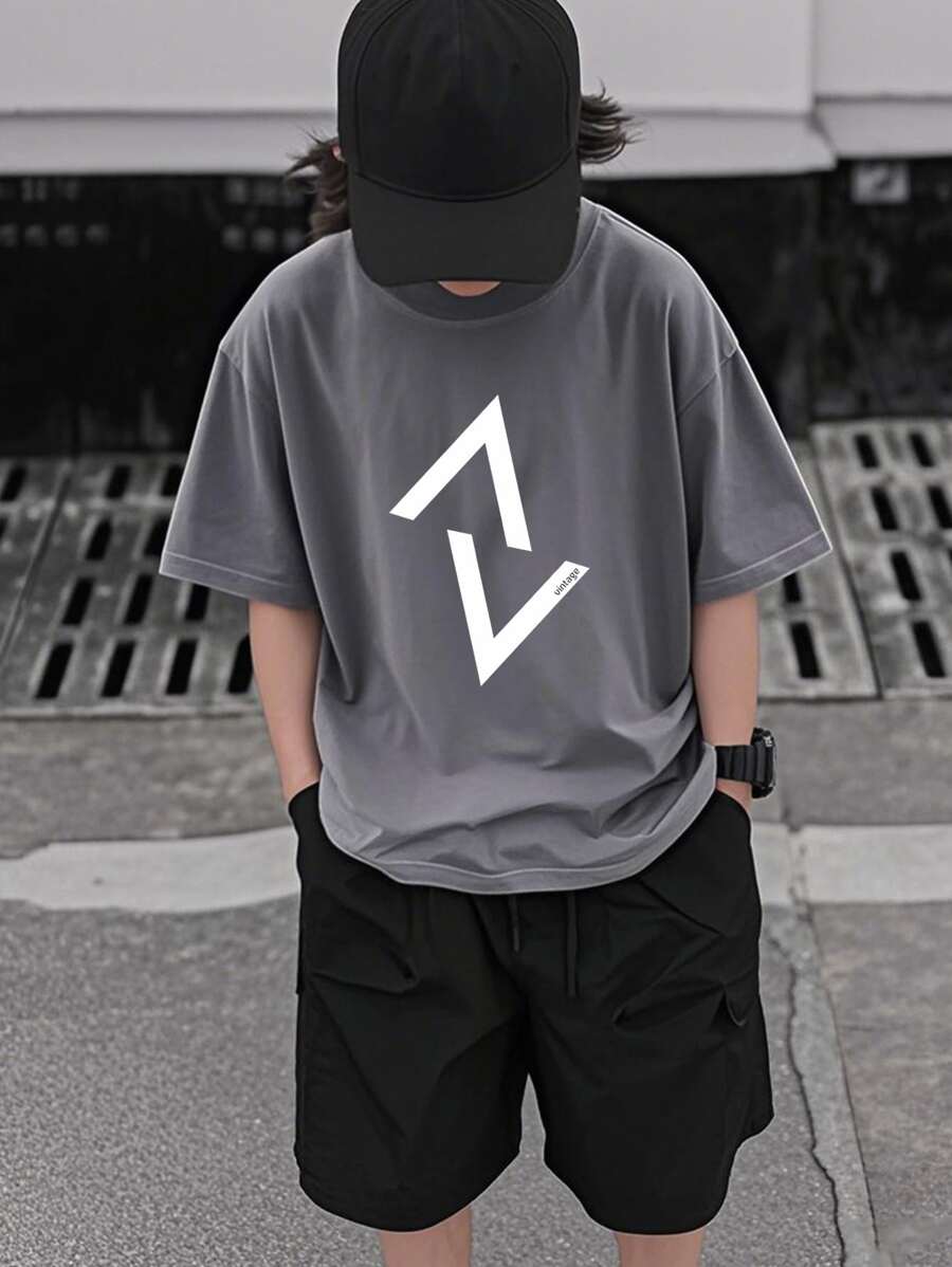 Tween Boy 2025 New Summer Casual Letter Print Dark Grey Round Neck Short Sleeve T-Shirt, 1 Piece