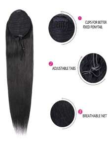 Ponytail Human Hair Extensions With Clip Natural Color Straight Human Hair Drawstring Ponytail For Women 1 Piece - SNatural - View 5