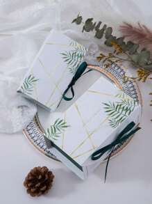 10pcs Leaf Print Gift Box With Ribbon, Paper Candy Box For Wedding