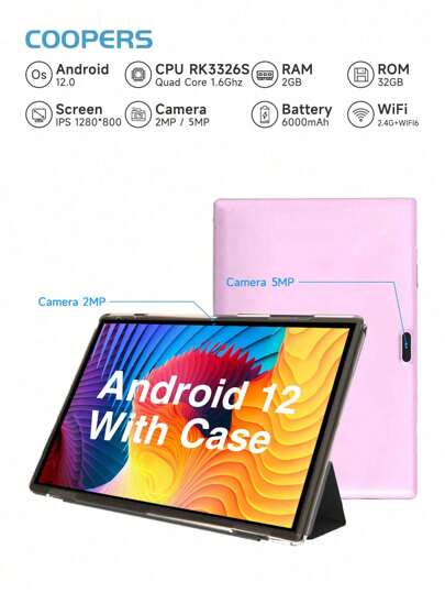 Coopers 10.1インチ Android 12 タブレット ケース付属、RK3326S 4コア 1.6GHz/2GB RAM 32GB ROM/2.4G WiFi+WiFi 6/BT 5.2/FHD IPSタッチスクリーン/200万画素+500万画素 デュアルカメラ/Type-C/G-センサー/6000mAh/最大1TB microSDカード拡張対応(アダプタ未付属)