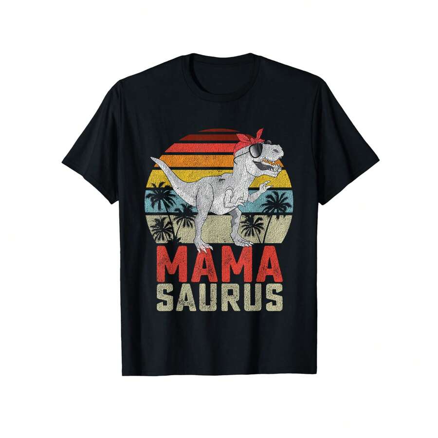 Mamasaurus T Rex Dinosaur Mama Saurus Family Matching Women T-Shirt, 100% Cotton, Birthday, Valentine's Day, New Year Gift, Suitable For Men, Women, Family And Friends, Black Casual Short-Sleeved Crew Neck T-Shirt Sizes S To 3XL - Black - View 1
