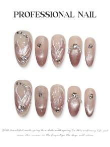 10 Stück Meerjungfrau-Fischschwanz-Perlendekoration, rosa Katzenauge, handgefertigte französische Aufdrücknägel, glitzernde Valentinstagsnägel, mittellange ovale künstliche Nägel, DIY-Nagelkunstzubehör, wiederverwendbar, mit Gelee-Kleber und Nagelfeile