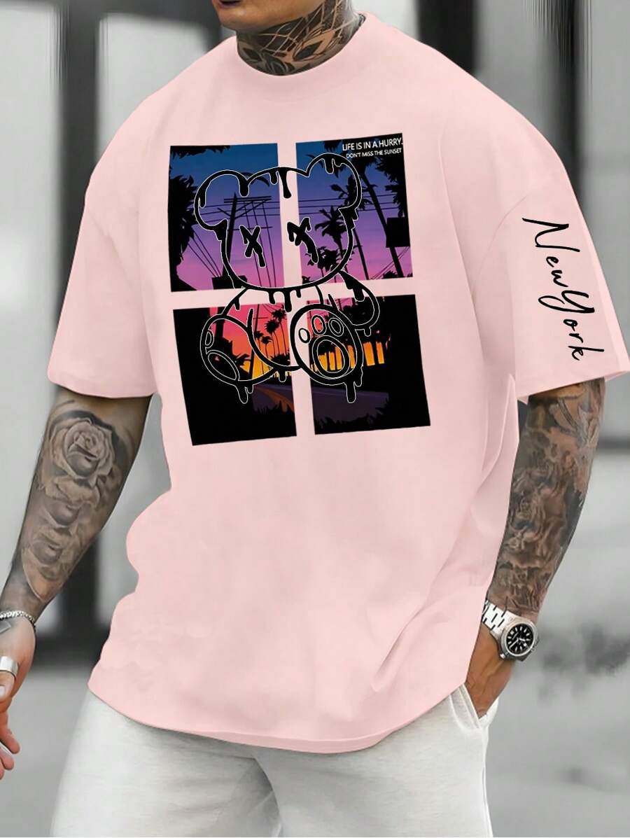 Camiseta Masculina Streetwear 100% Algodão Estampada Urso New York Camisa Unissex Premium - Rosa Bebê - Visão 1