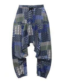 Men's Print Arabian Style Harem Pants, Casual Loose Fit Dropout Crotch Trousers, Flowy Breathable Holiday Beach Yoga Pants