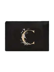 A Black Makeup Bag With The Initials A~Z Printed On It, Featuring A Green Leaf Pattern Print,Cosmetic Bag,Portable Wash Bag,Teacher's Day Gift, Reusable Makeup Bag, Women's Simple And Large Capacity Travel Makeup Bag