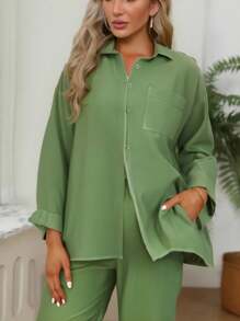 Conjunto de dos piezas de lino y algodón para mujer, camisa de manga larga con botones y pantalón de cintura alta con cordón, traje deportivo informal para mujer - Verde - Ver 5