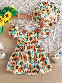 女婴新品夏季花卉印花荷叶边泡泡袖纽扣连衣裙和帽子套装，可爱又舒适