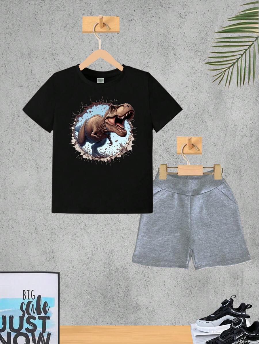 Children's Set Gray Dino 3D New Boy's T-Shirt And Shorts Children's Summer Clothing - 黑色 - 查看 1