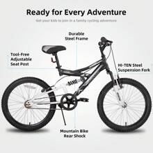 JOYSTAR Contender 20 Pollici Bicicletta da Montagna per Bambini a Sospensione Completa per Ragazzi e Ragazze dai 7 ai 13 anni, MTB Giovanile a Singola Velocità con Doppi Freni a V e Cavalletto (Nero, Blu, Verde e Rosa)