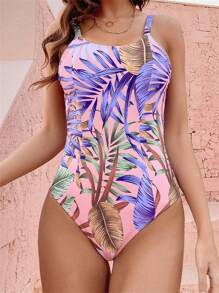 Women Leaf Print Sleeveless Romper Swimwear Summer Monokini Bathing Suit