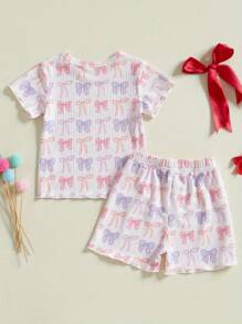 Toddler Girls Ribbed Shorts Set Bow/Heart Print Short Sleeve Round Neck Tops Elastic Waistband Shorts - 紫色 - 查看 6