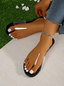 Sandalias de gelatina de punta abierta talla grande para mujer, sandalias planas para playa y uso casual en el hogar, adecuadas para pies grandes y anchos - Negro - Ver 5