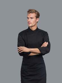 Men's Premium Chef Jacket, Oblique Collar Hidden Buttons, Work Uniform For Hotel, Restaurant, Bakery, Beverage Shop - Black - View 2