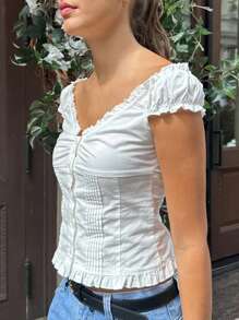 Women's Button Down Tops Fashion Cap Sleeve Solid Color Slim Fit Frill T-Shirts Summer Blouses - Ngà voi - Xem 2