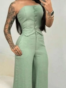 Women's Elegant Strapless Set Plus Formal Tailored Wide Leg Pants - Mint Green - View 3