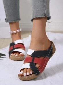 Sandalias de plataforma de primavera/verano 2025 para mujer, diseño de color block retro, suela gruesa, sandalias casuales para exteriores de punta abierta - Rojo - Ver 5