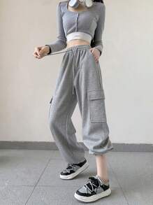Spring And Autumn Women's Loose Sports Drawstring Wide-Leg Pants