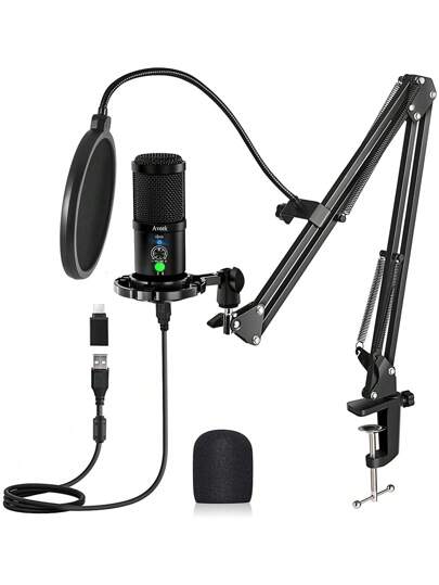 USB Condenser Podcast Microphone Kit,Aveek Microphone For Music Studio Recording/Gaming,Streaming Microphone With Mute/Unmute,Mic With Boom Arm,For PC And Phone,Karaoke Gaming Recording