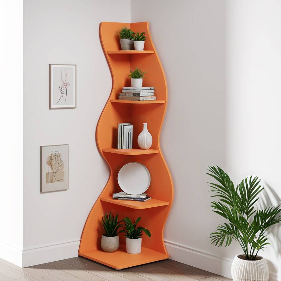 70-Inch Five-Layer Corner Bookshelf, Book Corner, Corner Display Cabinet, Room Decoration Shelf, Bedroom Decoration Shelf, Suitable For Living Room, Study And Bedroom, Easy To Install, Indoor Plant Stand, Modern And Simple Style - 橘色 - 查看 1