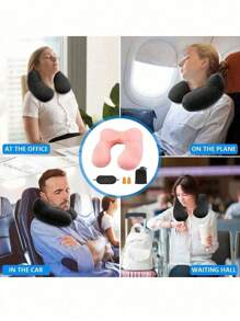 Eye Mask, Earplugs, Anti-Noise And Anti-Brightness Neck Pillow Travel Pillow Compact Neck Pillow Ergonomic Headrest With Velvety Soft Washable Cover For Camping, Travel, Plane, Train, Car, Office - Pink - View 3