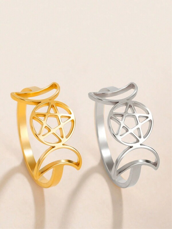 1pc Stainless Steel Crescent Moon & Pentagram Witch Symbol Ring, Unisex Fashion Casual Jewelry Gift