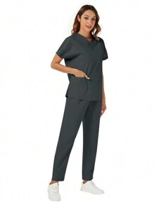 Set de 2 piezas con parte superior de manga corta con bolsillo y cuello en V, y pantalones, uniforme casual de scrubs