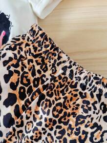 Chatreadl Conjunto de 2 piezas para niñas jóvenes, con camiseta de manga corta con estampado de dibujos animados de moda y pantalones acampanados con estampado de leopardo, adecuado para uso al aire libre en primavera, verano y otoño