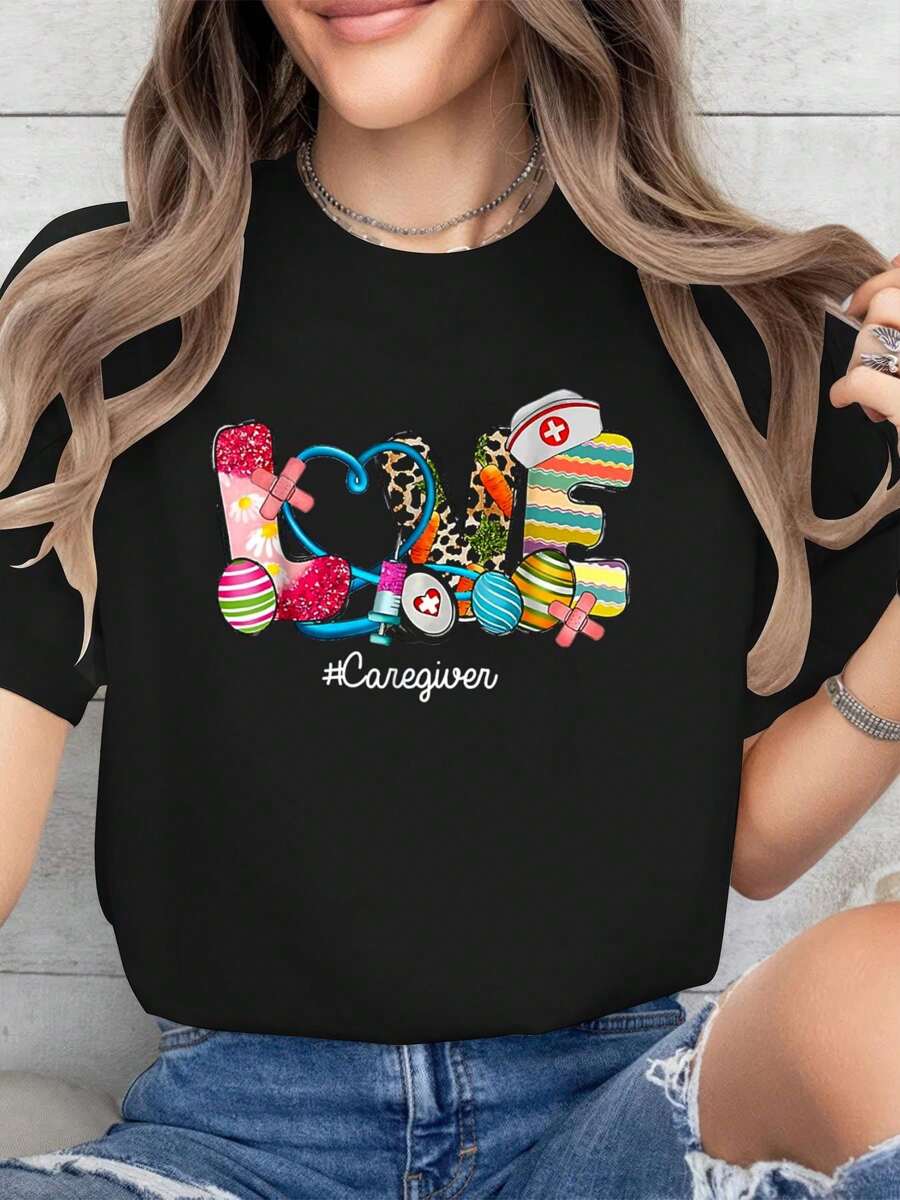 100% Cotton LOVE Stethoscope Scrub Caregiver Nurse Life Easter Day T-Shirt