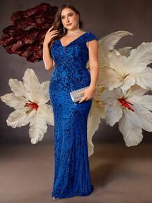 BluePlum 高级弹力亮片V领短袖修身鱼尾长款连衣裙，加大码纯色优雅奢华长裙，展现女性青春魅力，适合派对、毕业典礼、婚礼、活动、晚宴和正式场合（豪华版） - 派对礼服、婚礼宾客礼服、晚礼服 - 寶藍色 - 查看 4