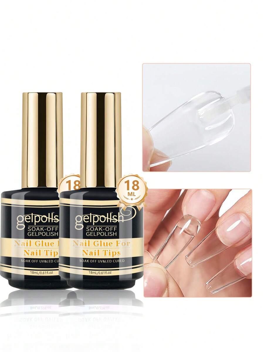 2支18毫升指甲胶，适用于指甲贴纸、指甲贴片和假指甲，超强粘性，持久性超过28天（需照灯固化），超强指甲延长胶