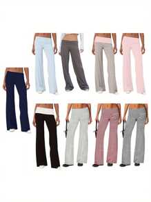 Women Elastic Wide Leg Pants Casual Cute Striped Print Folded Waist Trousers For Work Office Streetwear - 粉色 - 查看 2