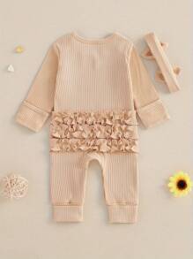 Newborn Baby Girls Rompers Knit Round Neck Long Sleeve Infant Fall Jumpsuits With Headband Coming Home Outfit - 杏色 - 查看 4