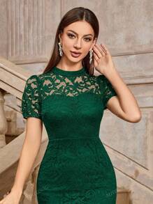 MIUSOL Vintage mock neck bloemenkant pofmouw cocktailparty bodycon jurk