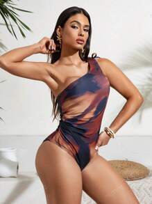 Women's Fashionable Marble Print Monokini Swimsuit Summer