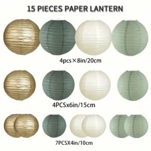 15/21 chiếc đèn lồng giấy tròn trang trí, màu vàng/ngà/xám xanh lá, thích hợp cho tiệc đồng quê, tiệc cô dâu, đám cưới, đèn lồng giấy treo trang trí tiệc sinh nhật màu xám xanh lá - Bộ xô thơm 15 món - Xem 3