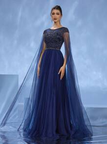 DELLA COUTURE Handmade Beaded Formal Dress, Elegant Fitted Luxurious Long Gown For Women, Suitable For Parties, Galas, Weddings And Other Formal Occasions, Flared Hem Cocktail Ball Gown, Party Dress, Wedding Guest Dress, Evening Dress - Royal Blue - View 7