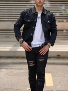 Men Long Sleeve Distressed Light Blue Denim Jacket, Stylish Casual Denim Outerwear, Fall - Black - View 4