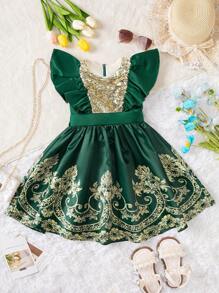 Young Girl's Sequin Patchwork Cap Sleeve Dress, Suitable For Everyday And Birthday Parties - Green - View 1