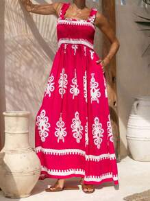 Women's Summer Long Cami Dress Sleeveless Open Back Boho Pattern Print Vacation Dress - Red - View 3