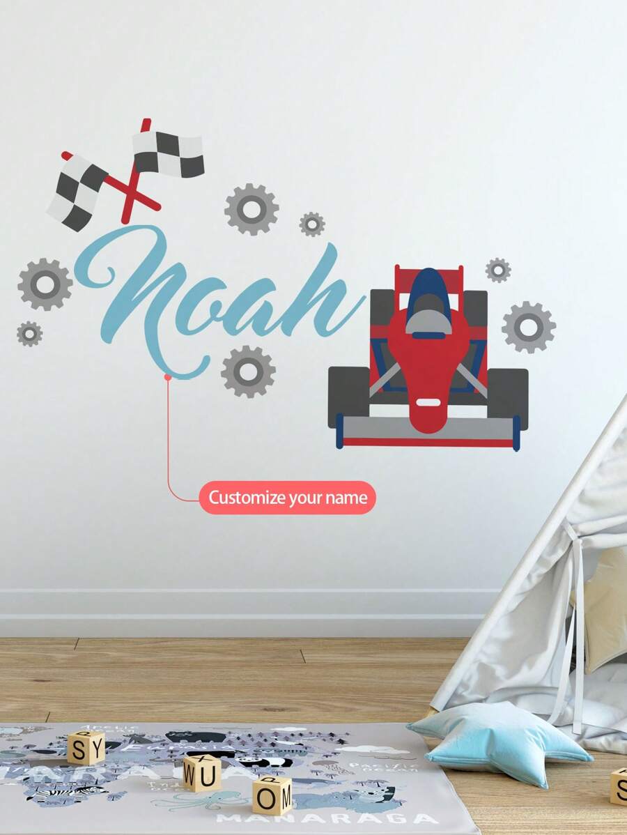 1pc Personalized Racing Car Themed Wall Decal Sticker, Art Decoration For Boys Room, Kids Bedroom, Nursery, Playroom, Gift, Living Room, Easy To Peel And Stick - Red - View 1