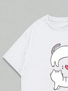 Couple T-Shirt Cotton Unisex Blouse Soft Comfort Cartoon Style Summer Second Piece 50% Discount - Crème - Voir 3