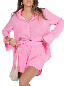 Women Pajama Set, Long Sleeve Button Closure Shirt With Shorts Sleepwear Loungewear - 粉色 - 查看 4