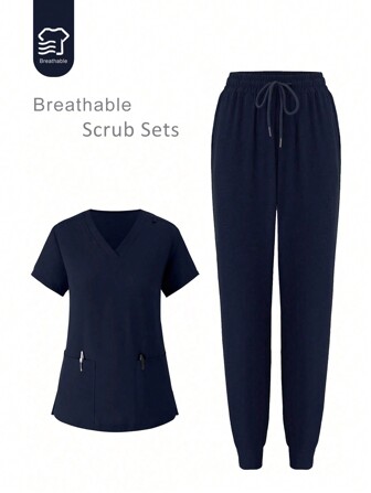 Women Scrubs Uniform Set, Soft Stretch Athletic Nurse Workwear Pocket Blouse & Pants, Breathable Surgical Clothing Suit
